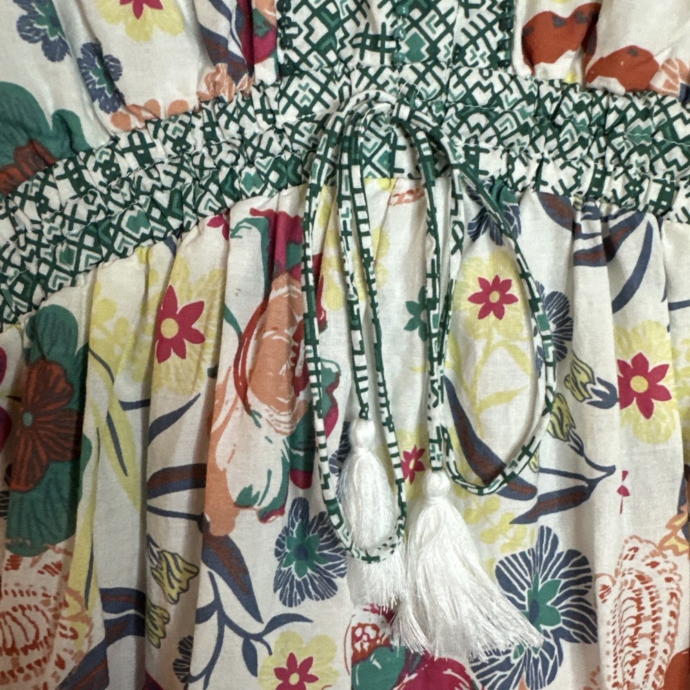 Kaktus Floral Bead Trim Tiered Dress Small Multi Boho Mini Balloon Slv - Picture 7 of 9